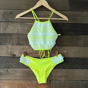 NWT Aerie Women's Neon Yellow Fringe Lace High Neck Bikini Swimsuit Size S/M